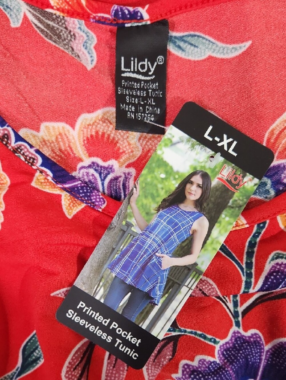 Lildy Red Floral Sleeveless Pocket Tunic Women L/XL Purple Summer Beach - Picture 5 of 10